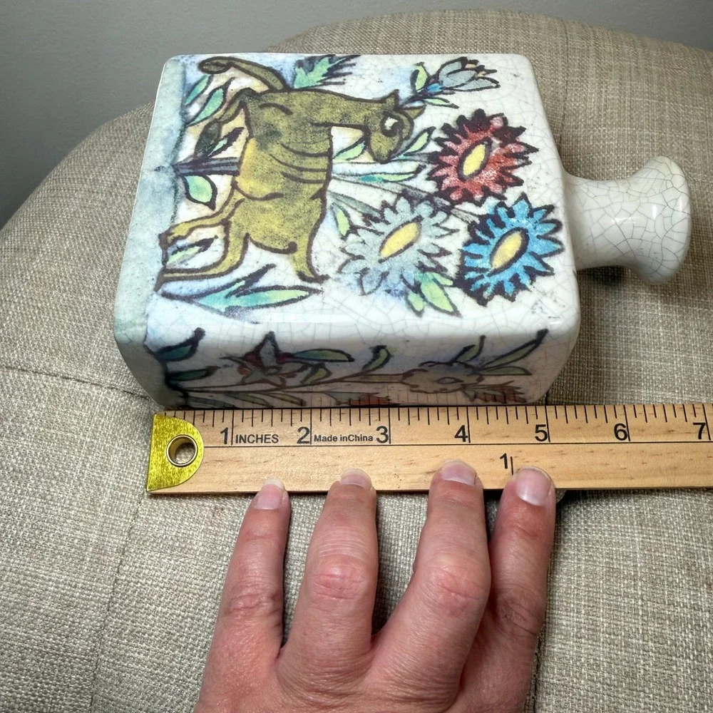 Pottery Barn Mini Iznik Square Vase Crackle Glaze Deer Birds Floral Stoneware